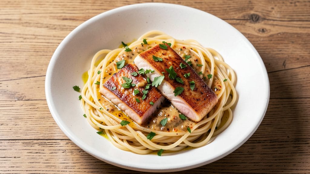 Halibut Pasta Recipe: Lemon-Garlic Butter Crust With Flaky Fish